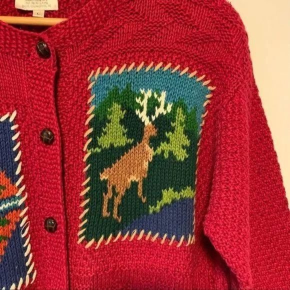 Vintage hand knitted red green cardigan sweater by Susan Bristol large - Picture 2 of 8
